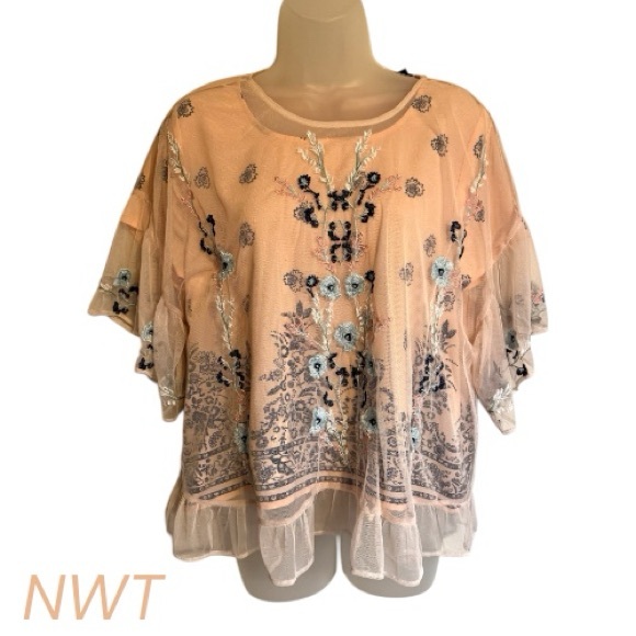 Kaari Blue Tops - GORGEOUS NWT  Peach Embroidered Floral Mesh Overlay Top MEDIUM  #M